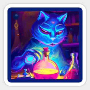 Blue Cat with a Third Eye Performs Alchemical Experiments Sticker